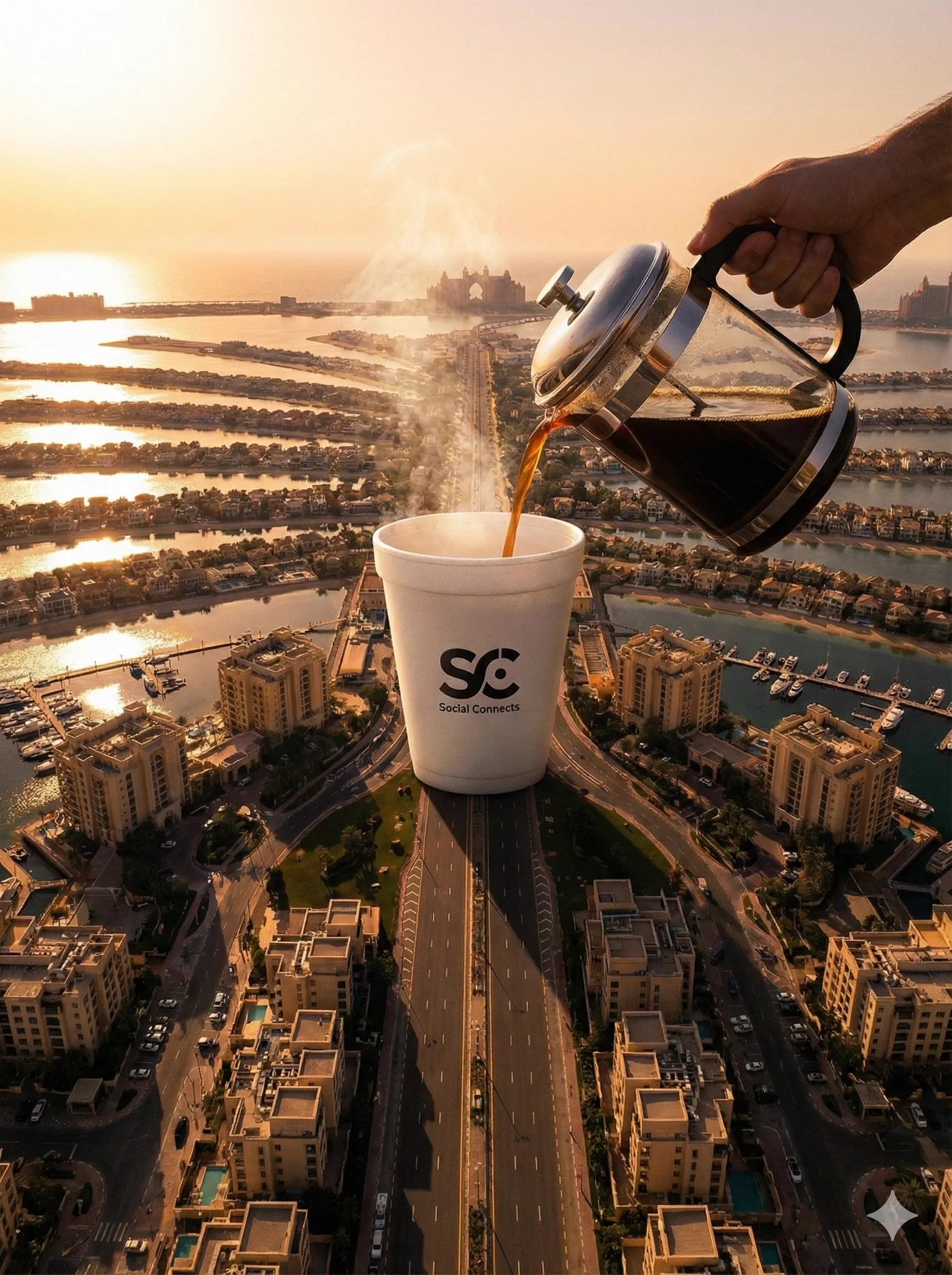 An aerial photograph captures a surreal scene where a giant white foam cup,…