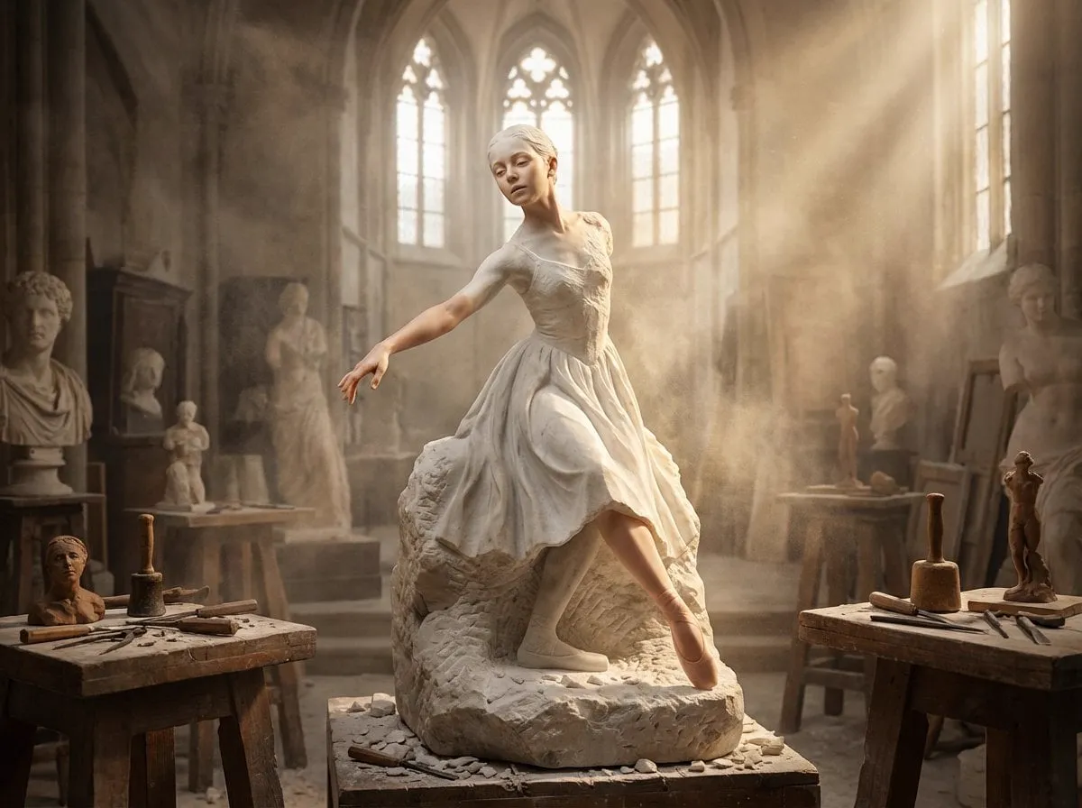 A half-finished marble sculpture in a dusty Renaissance workshop, with the…