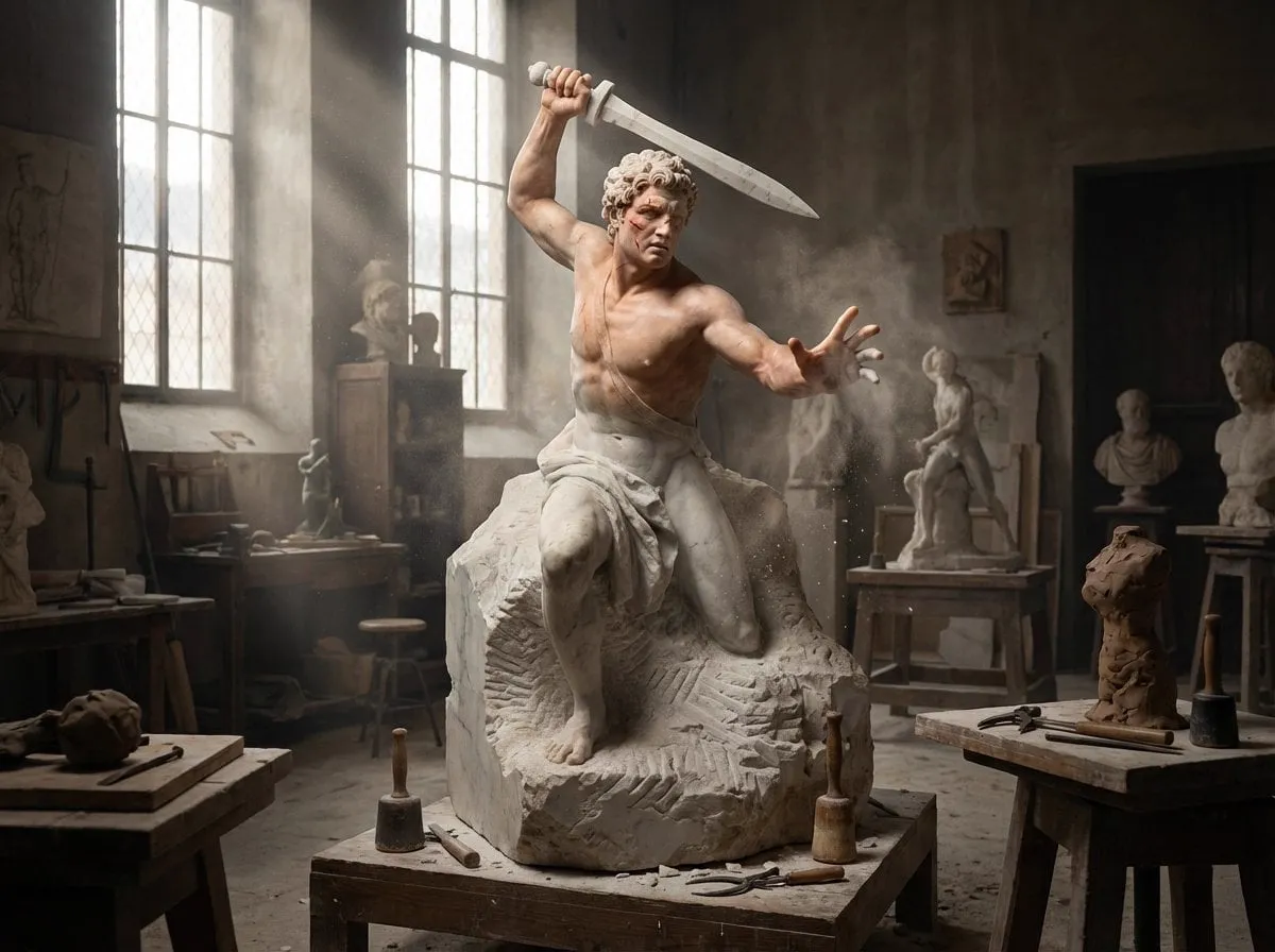A half-finished marble sculpture in a dusty Renaissance workshop, with the… — 2/4