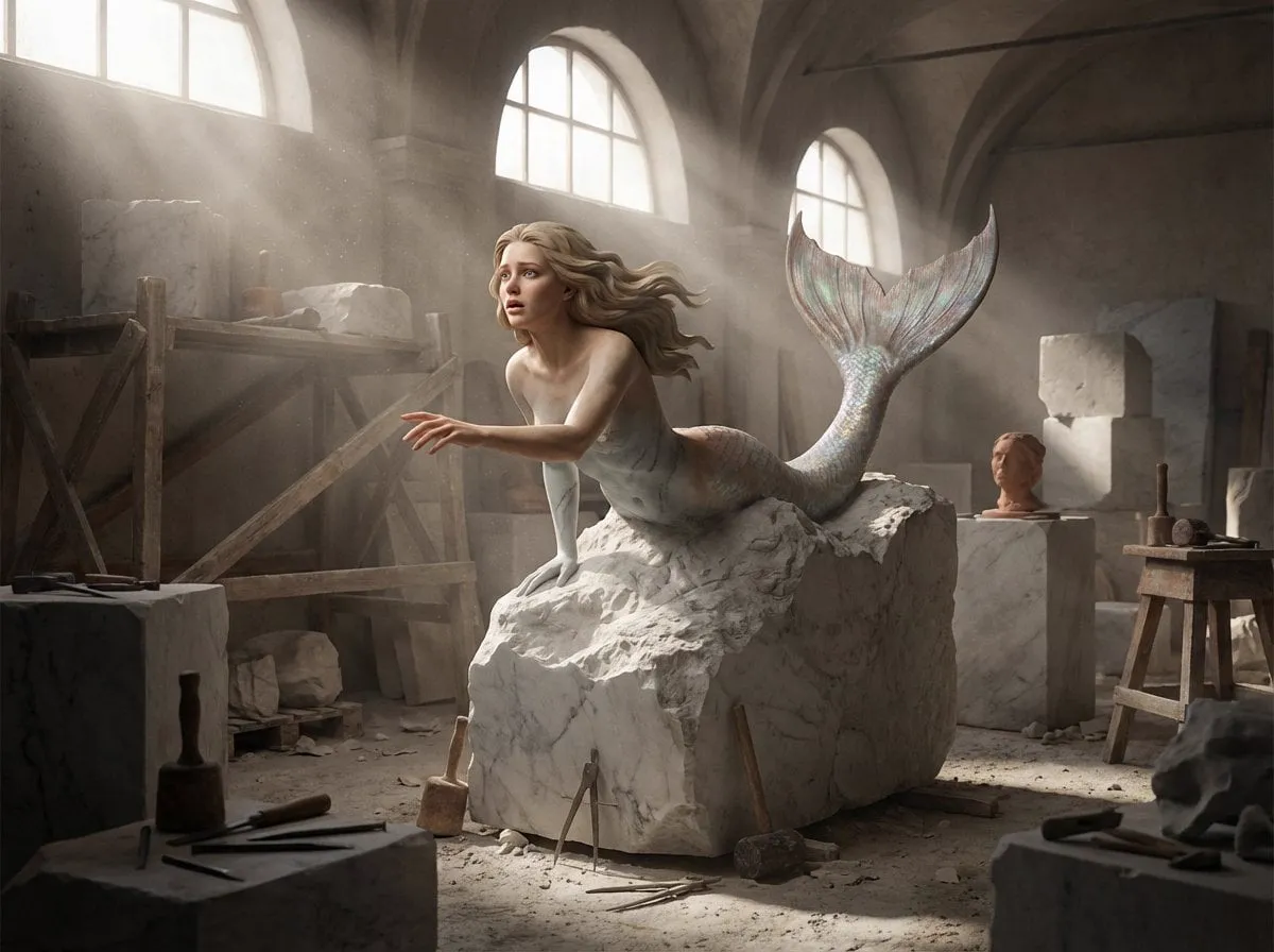 A half-finished marble sculpture in a dusty Renaissance workshop, with the… — 3/4