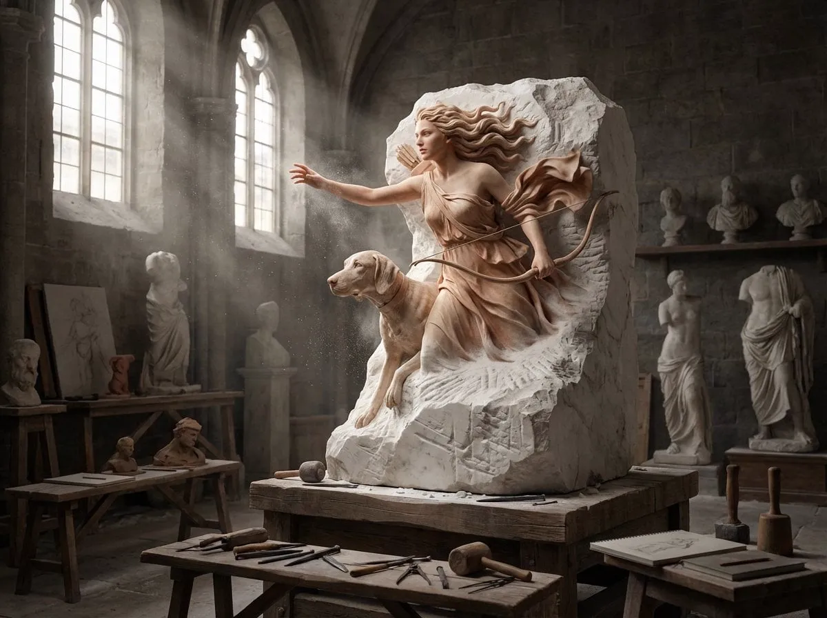 A half-finished marble sculpture in a dusty Renaissance workshop, with the… — 4/4