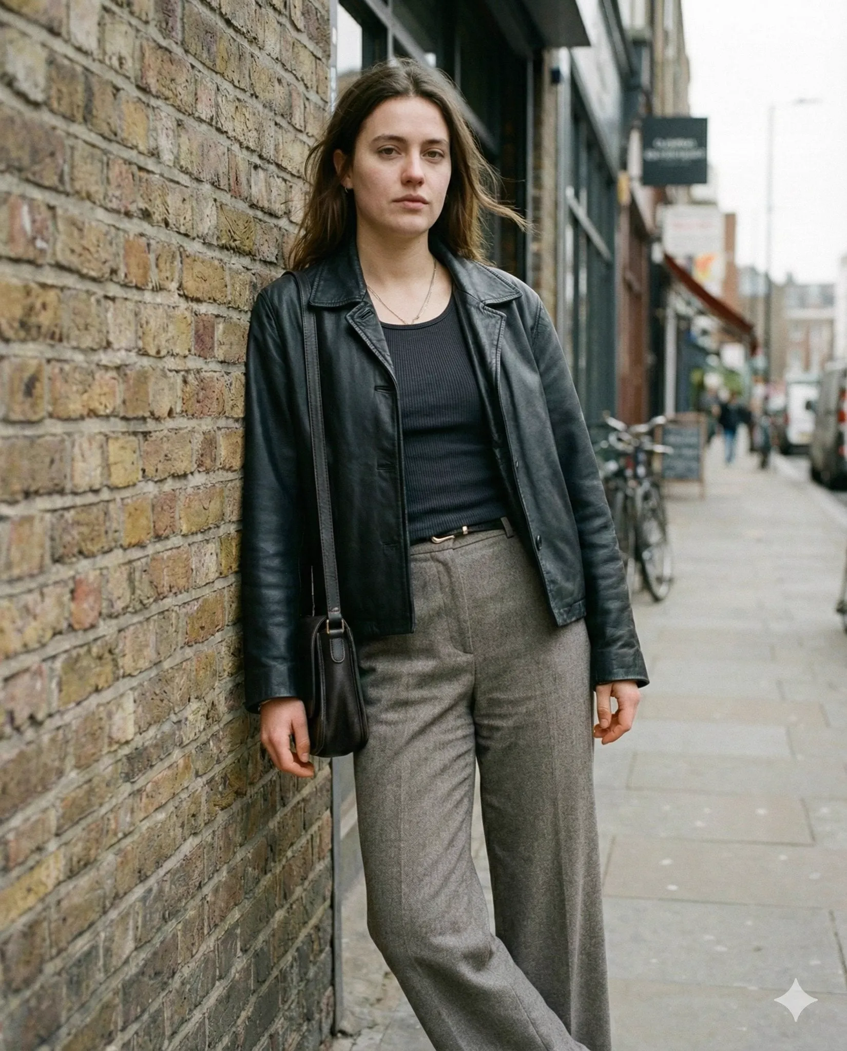 { "scene": "Urban street portrait on a quiet city sidewalk", "subject": {…