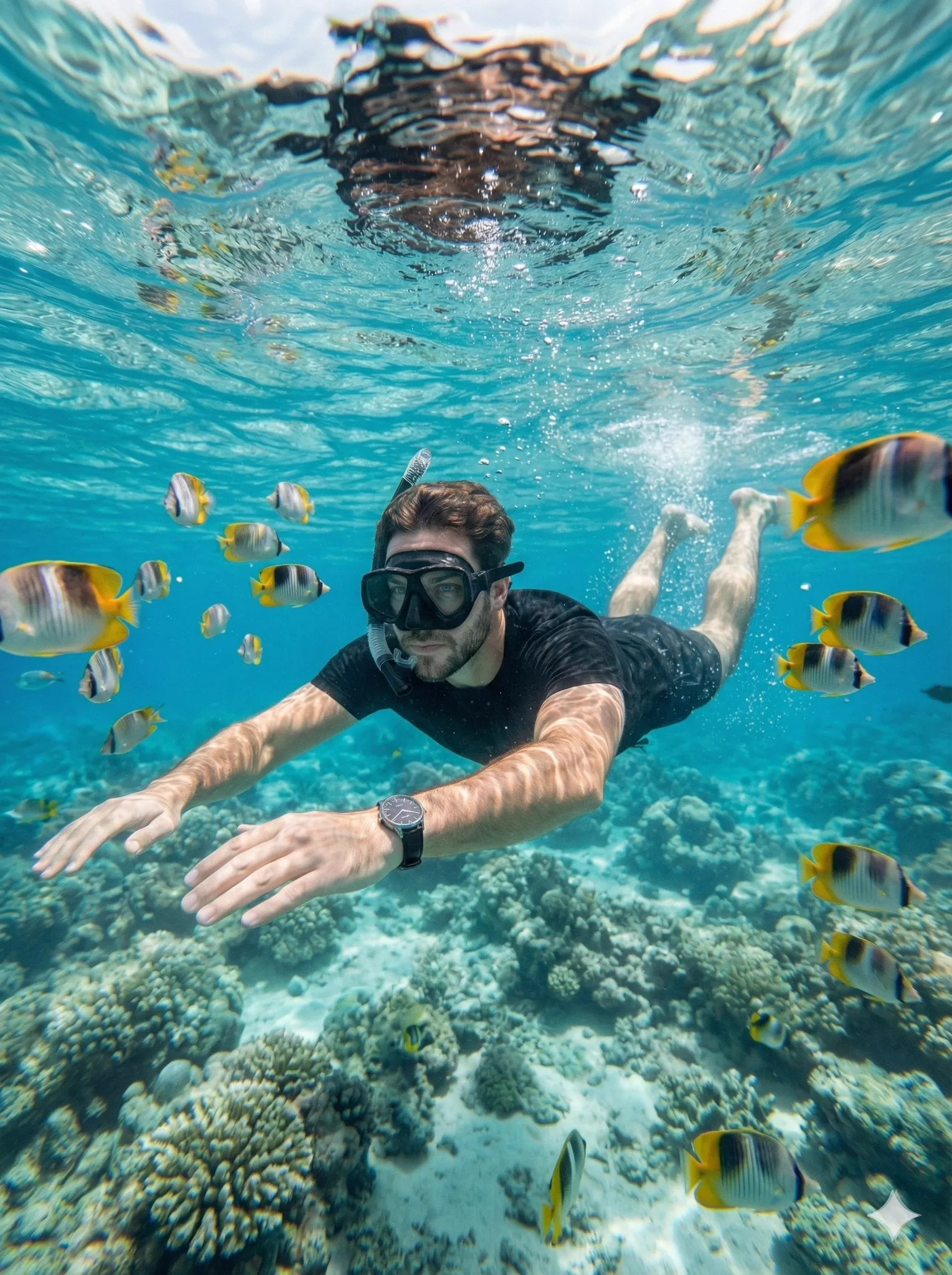 Create a hyper-realistic underwater close-range portrait captured with a…