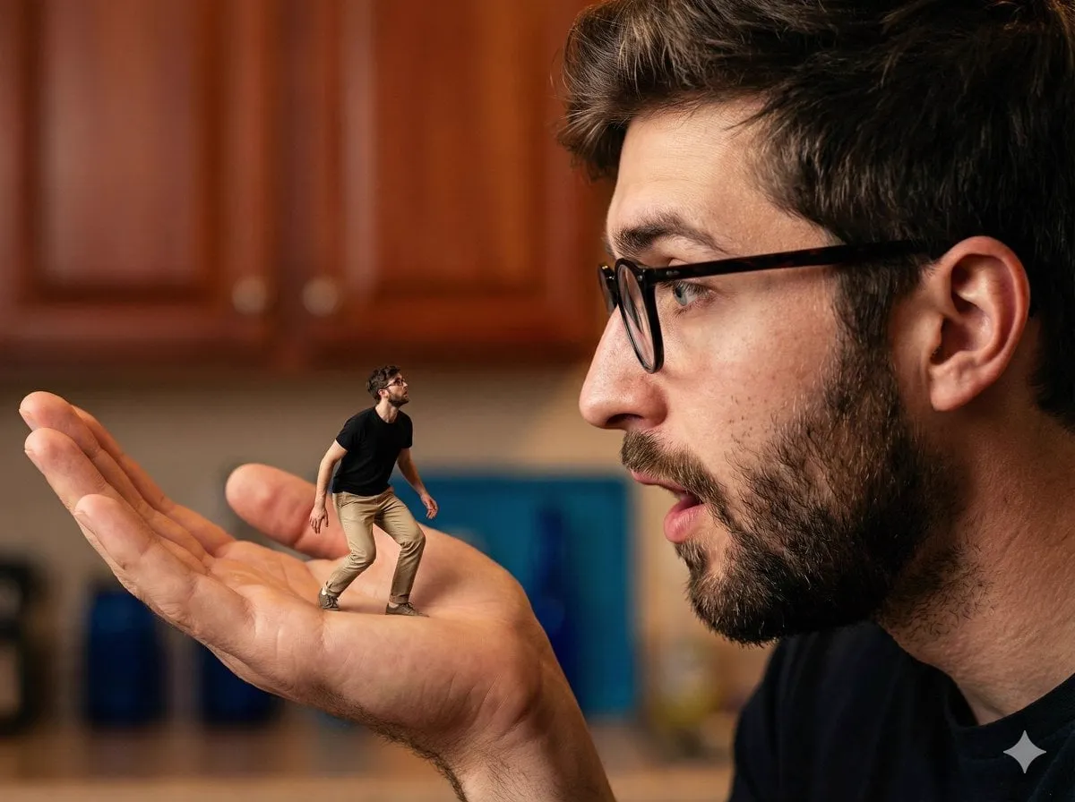 A hyper-realistic, surreal composite shot utilizing forced perspective to…