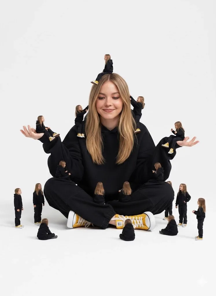 A creative surreal image of a woman sitting on the ground, wearing a dark… — 2/2