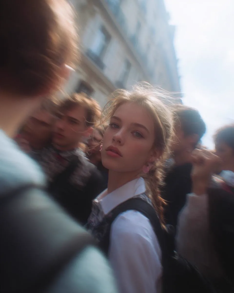 Paparazzi-style extreme close-up photo of a woman with striking facial… — 2/4