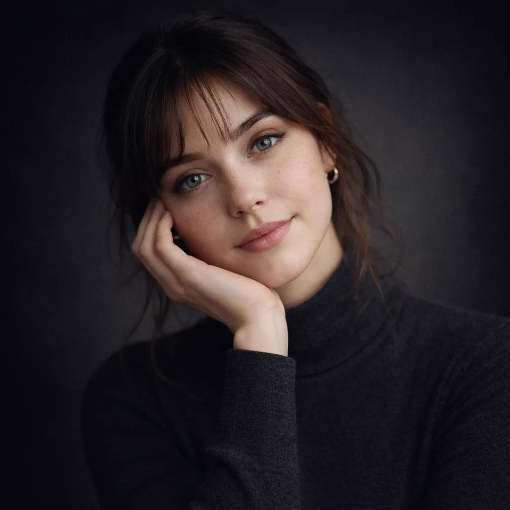 Ultra-realistic studio portrait of a young woman, front-facing, centered…