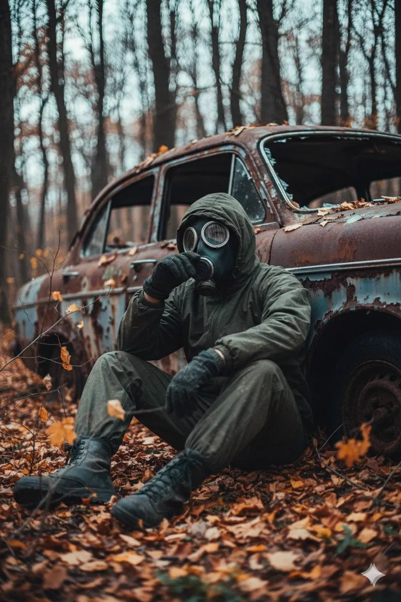 A cinematic, ultra realistic post apocalyptic scene of a lone survivor sitting… — 1/2