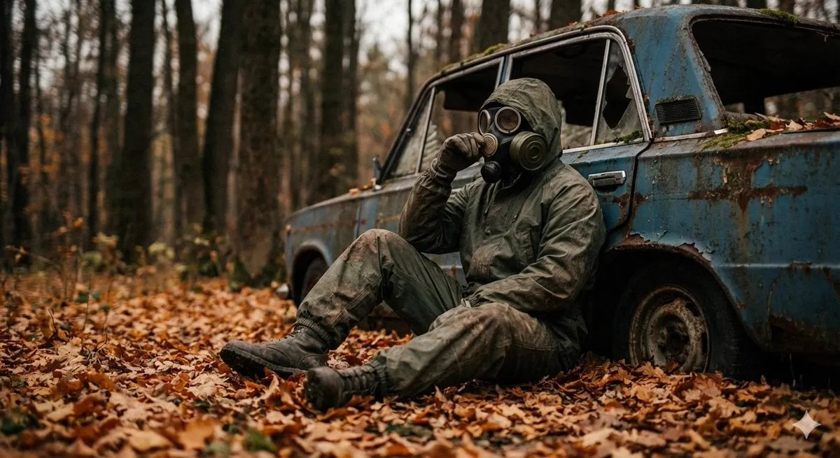 A cinematic, ultra realistic post apocalyptic scene of a lone survivor sitting… — 2/2
