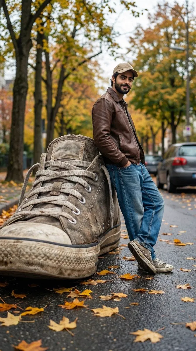A cinematic forced-perspective street photography scene where a giant worn-out…