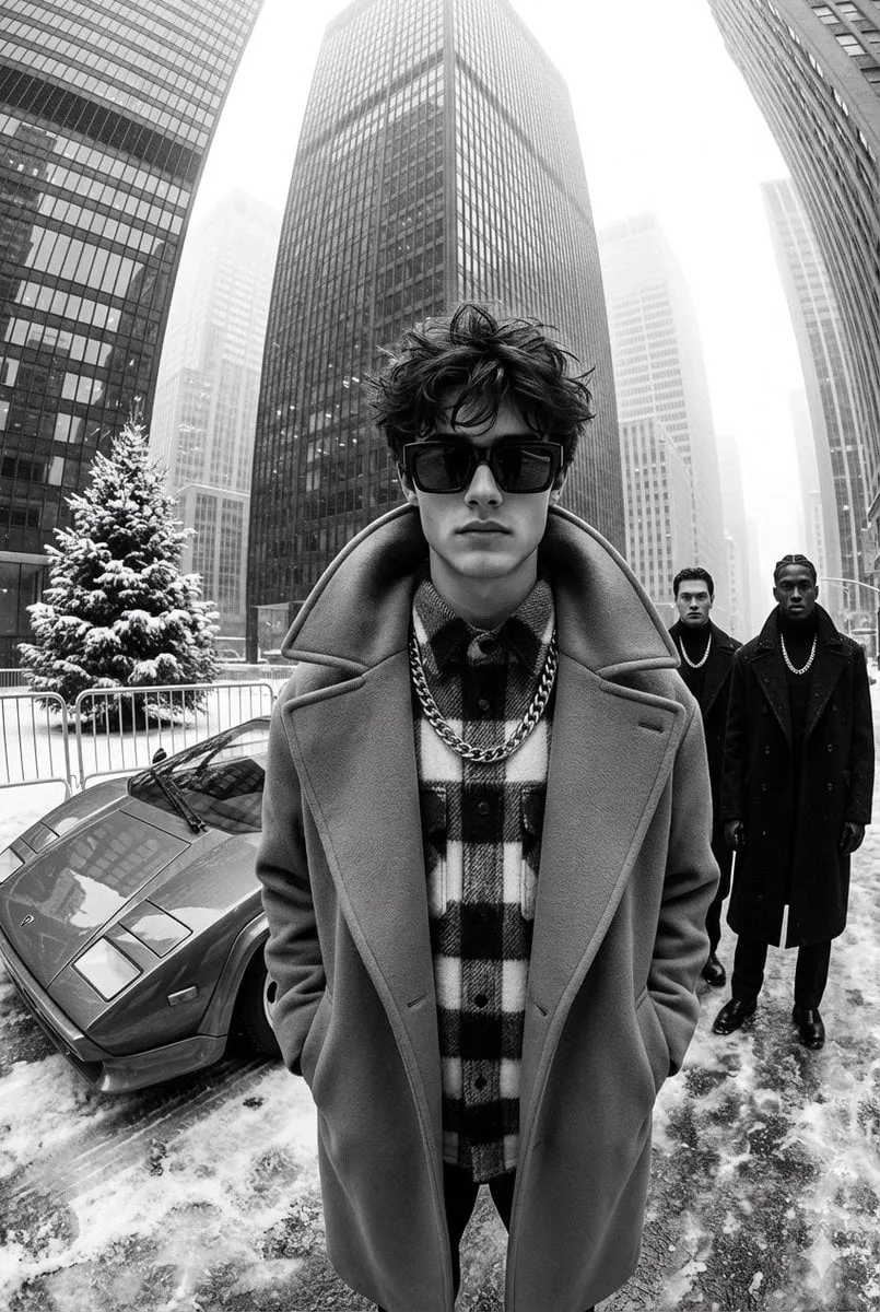 A black-and-white, high-contrast, ultra-glamorous street fashion editorial… — 1/2