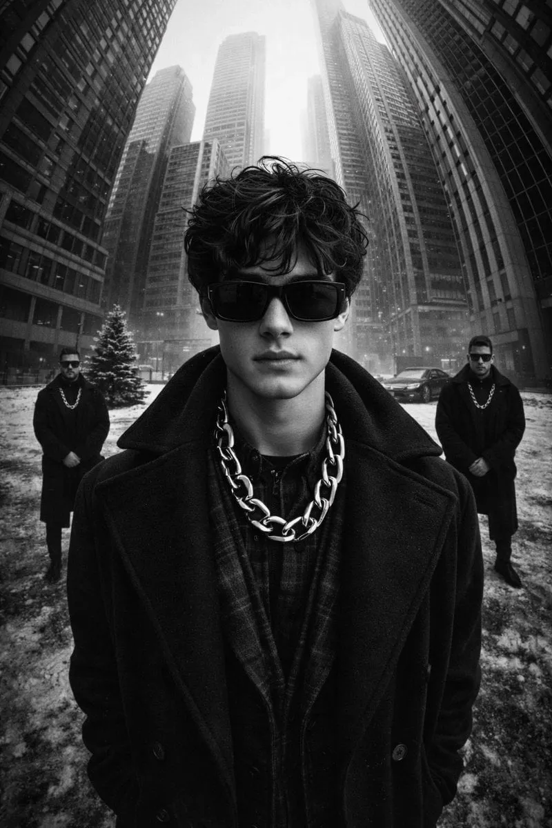 A black-and-white, high-contrast, ultra-glamorous street fashion editorial… — 2/2
