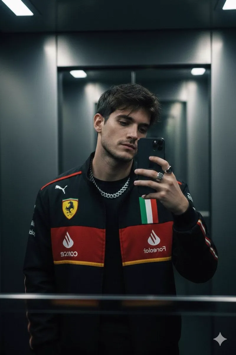 A moody cinematic mirror selfie of a stylish young man use image for face…
