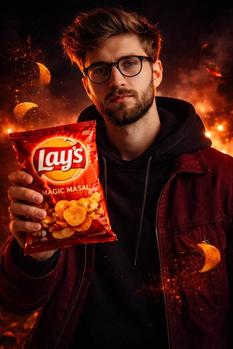 A cinematic, ultra-realistic advertising shot of a man holding a Lay’s [FLAVOR… — 1/4