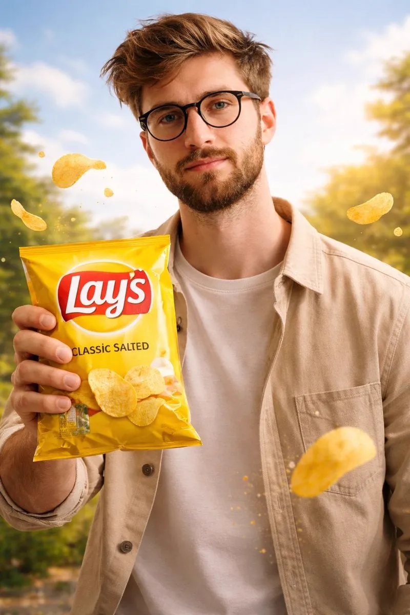 A cinematic, ultra-realistic advertising shot of a man holding a Lay’s [FLAVOR… — 2/4
