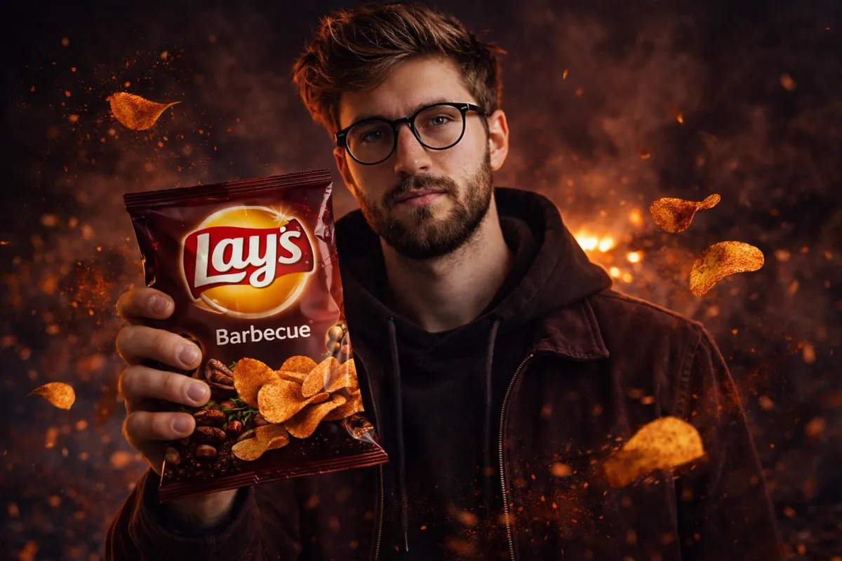 A cinematic, ultra-realistic advertising shot of a man holding a Lay’s [FLAVOR… — 3/4