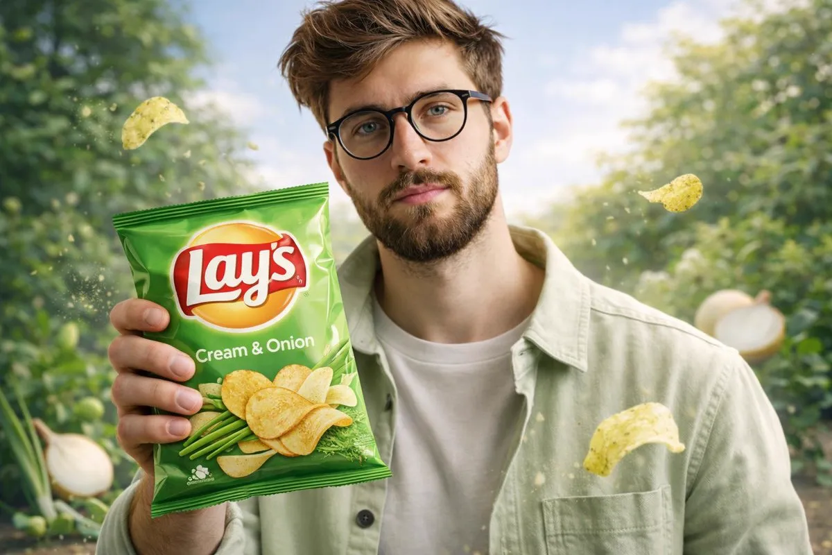 A cinematic, ultra-realistic advertising shot of a man holding a Lay’s [FLAVOR… — 4/4