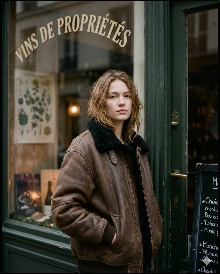 Ultra-realistic moody Paris street editorial portrait, shot outside a vintage…