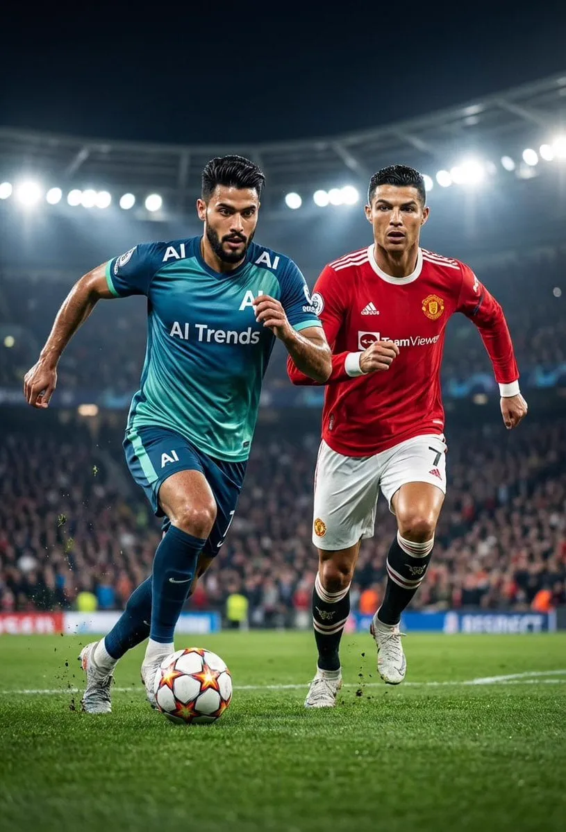 { A hyper-realistic, ultra-detailed 8K cinematic wide-shot of a football scene,…