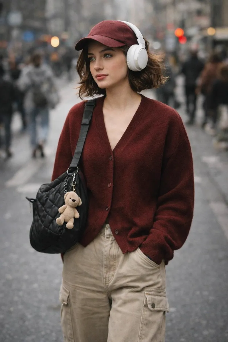 A high-quality, candid street photography shot of a stylish young woman with… — 1/2