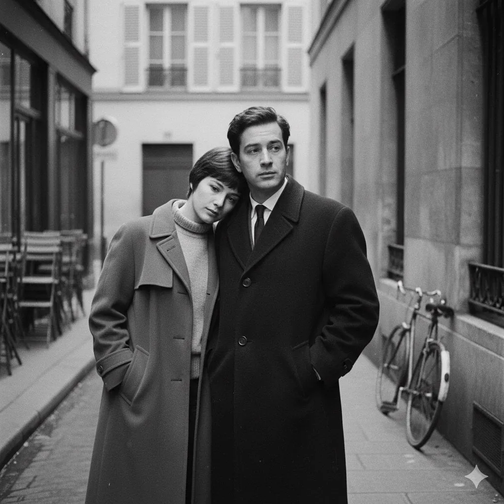 A French New Wave–style minimalist lovers scene, black and white, 1950s–1960s…
