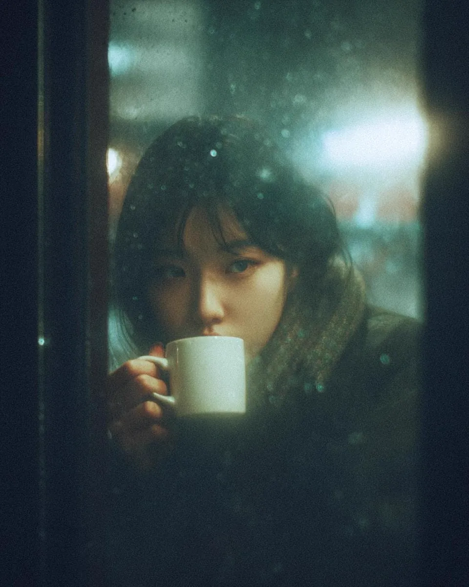 A cinematic, moody photograph of a young woman sitting inside a café at night,…