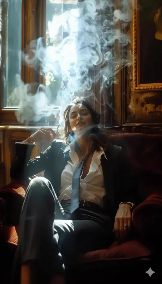 A high-definition cinematic portrait of a sophisticated woman sitting in a…