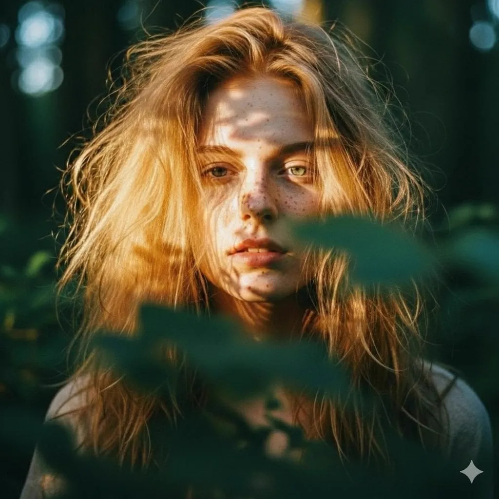 Close-up portrait of a young woman with messy, voluminous strawberry blonde…
