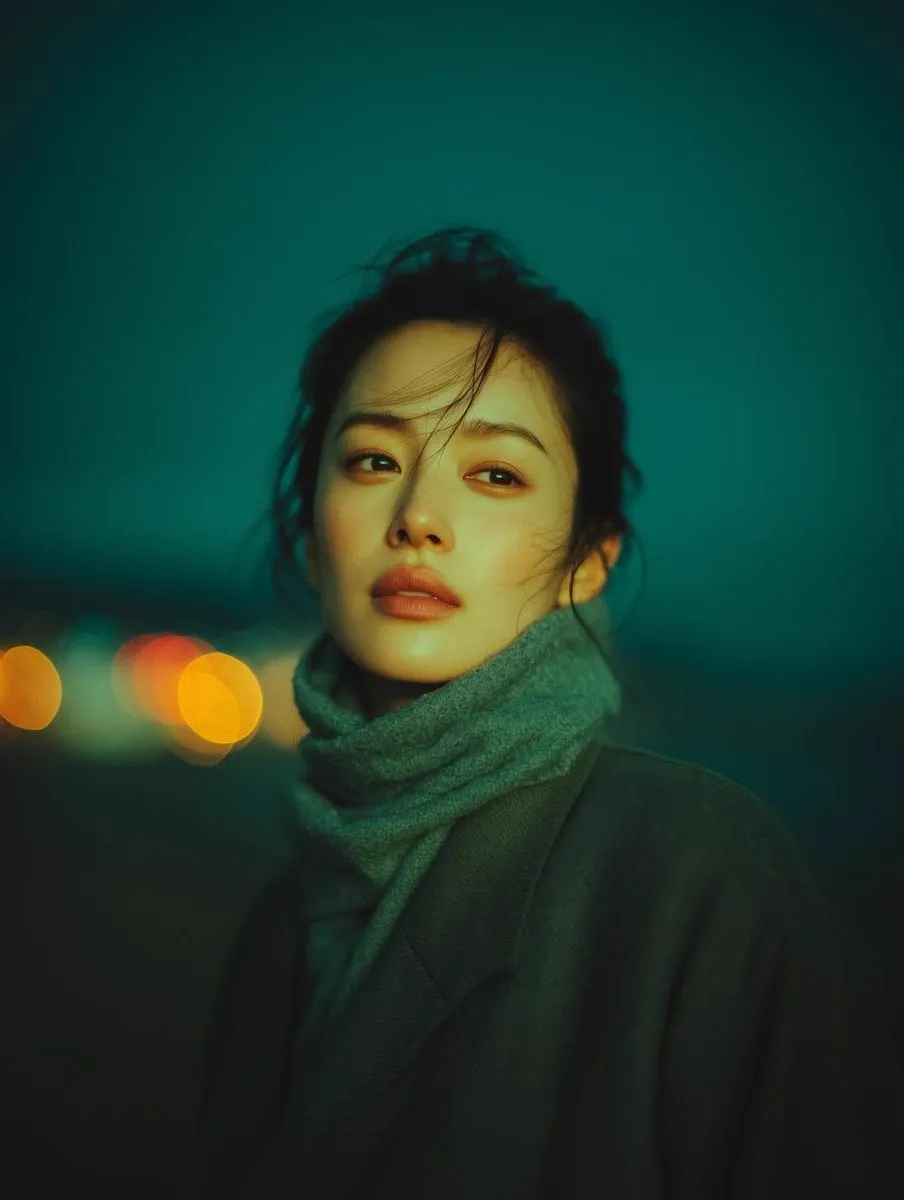A cinematic night-time portrait of a young woman standing outdoors, softly lit…