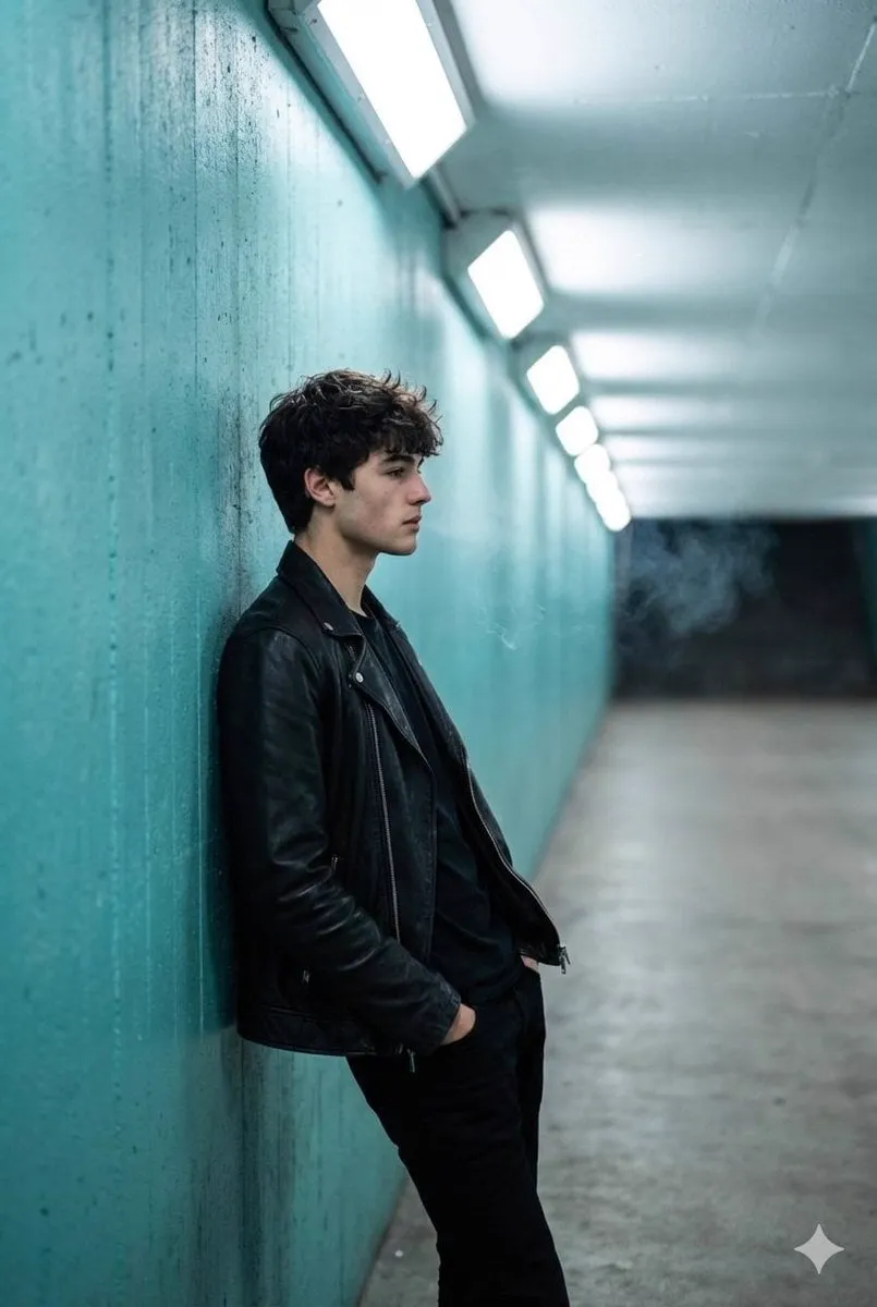 A full shot captures a young man in profile, leaning against a textured…