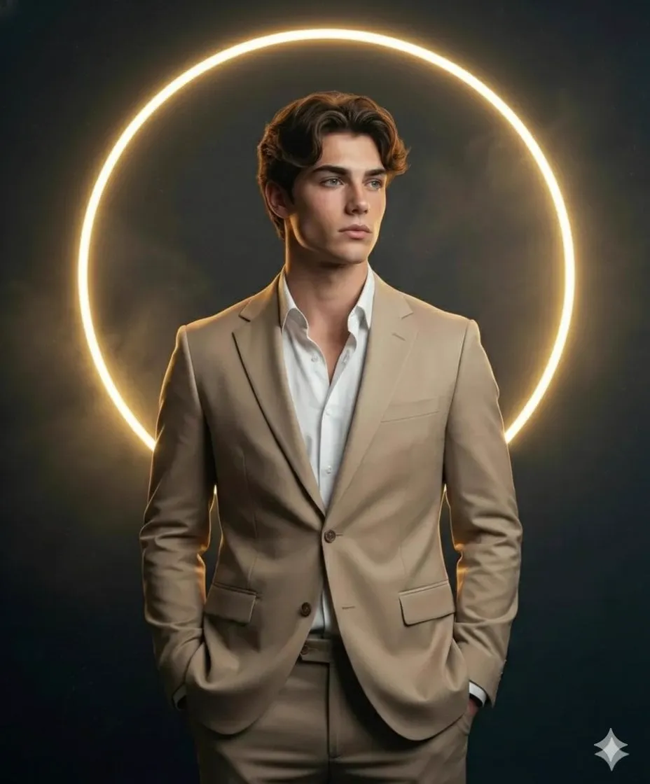 A high-definition, cinematic portrait of a sharp, handsome young man with wavy…