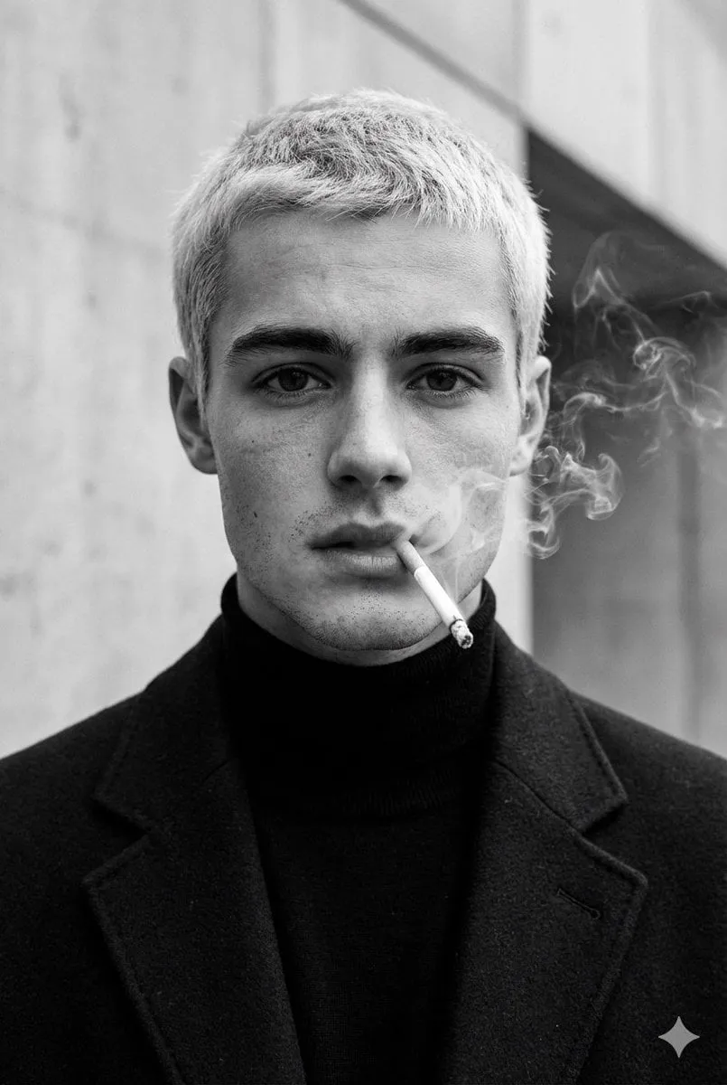 Ultra-realistic fashion black and white portrait of a man with short light…