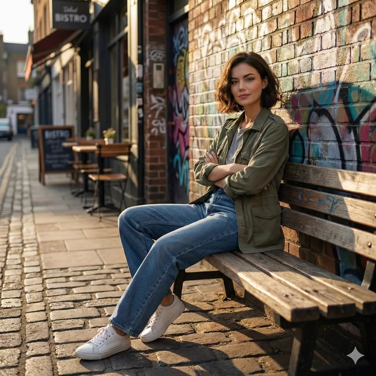 Cinematic realistic street scene, beautiful young woman with short wavy bob… — 1/3