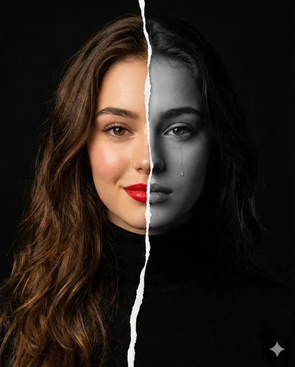 A high-resolution conceptual portrait of a woman’s face vertically split down…