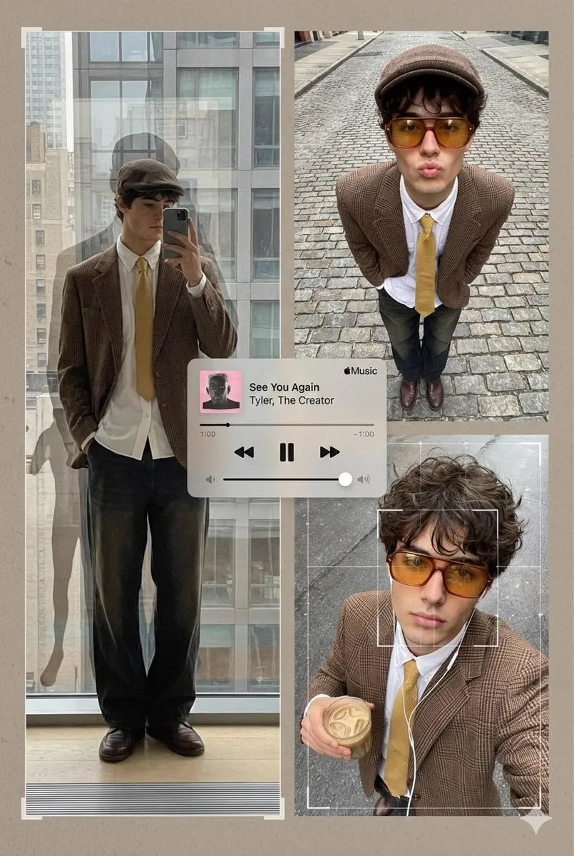 An editorial poster-style multi-panel collage presents Subject[person in the…