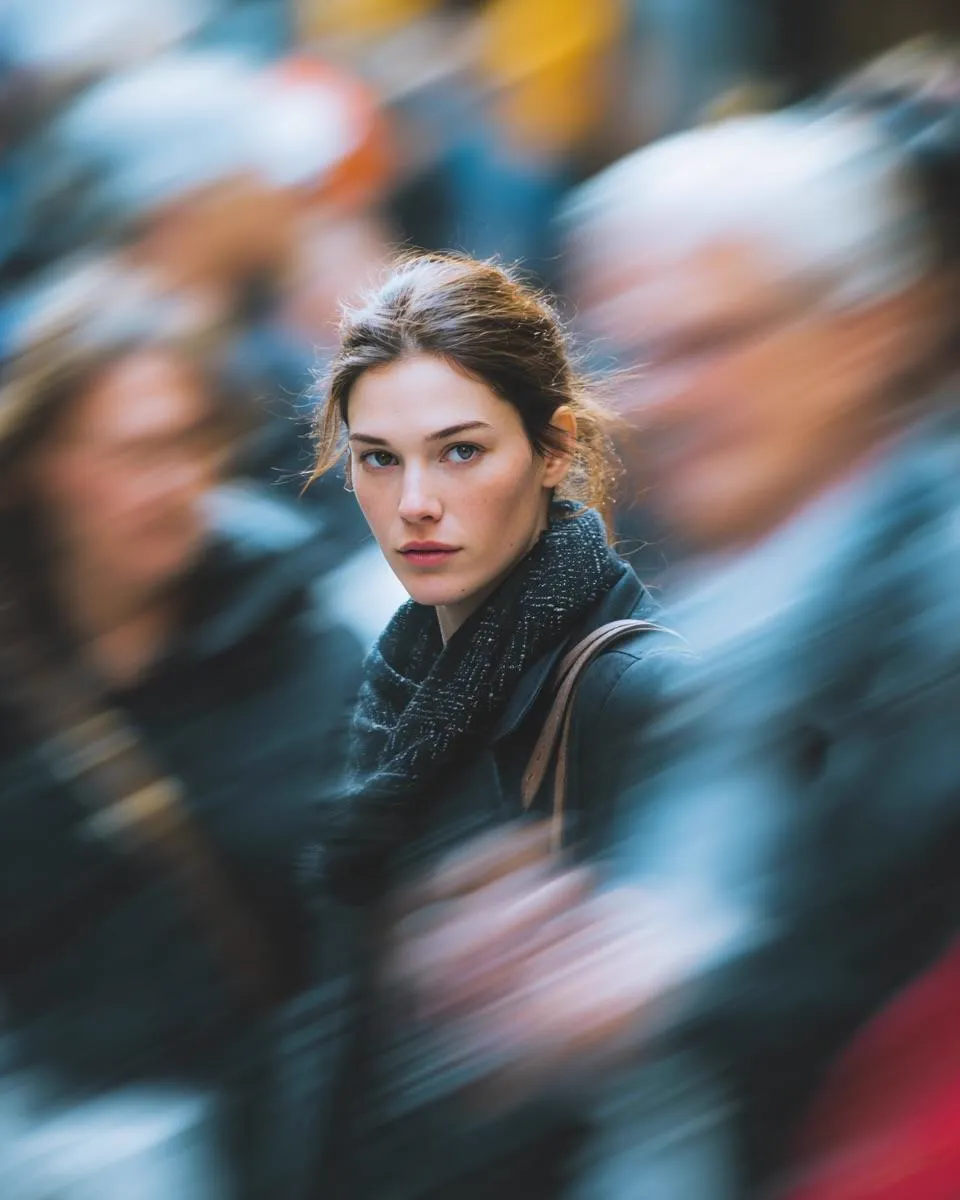 Ultra-realistic cinematic street portrait of a young woman standing still in a…