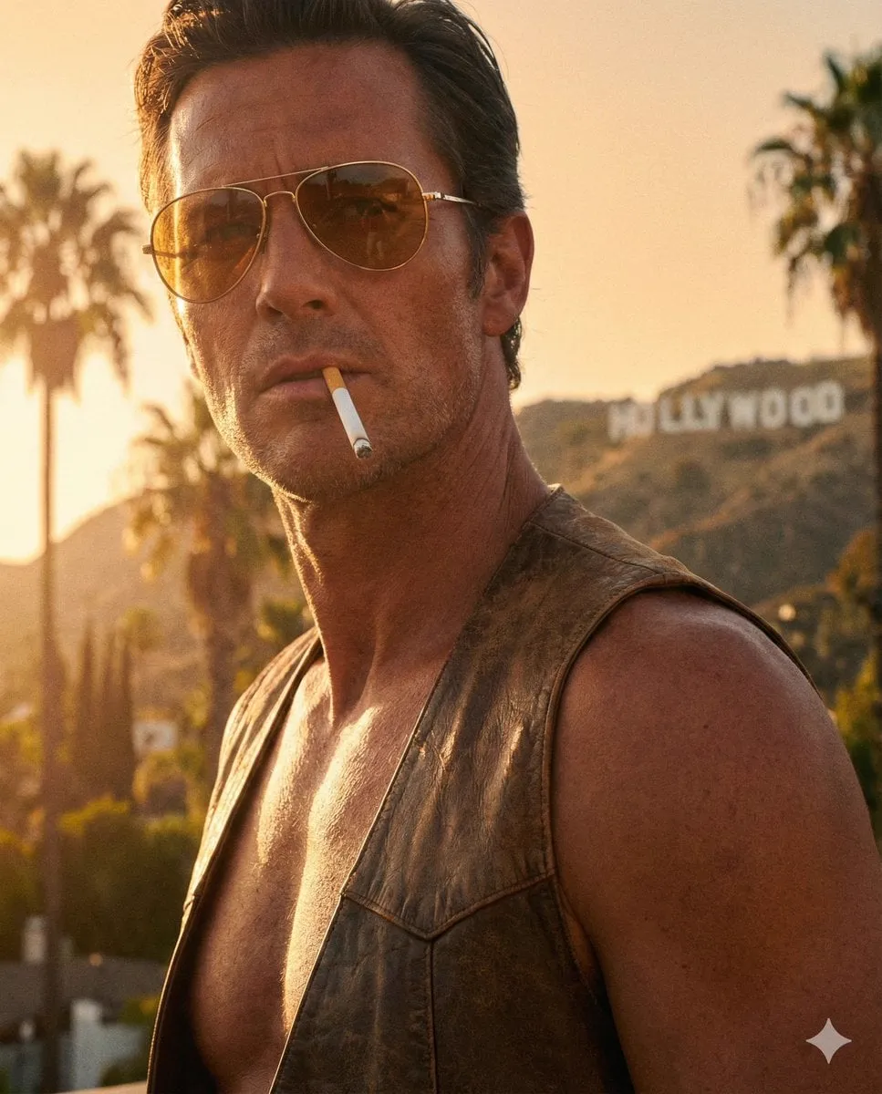Shirtless male subject, hyper-realistic skin texture, deep tan, 1970s Hollywood… — 1/3