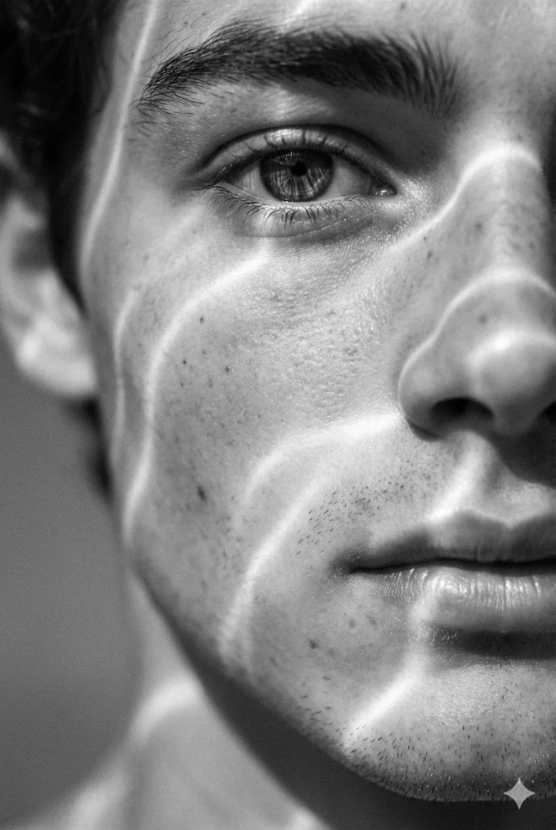 A hyperrealistic 8K black and white extreme close-up portrait of a young man's…