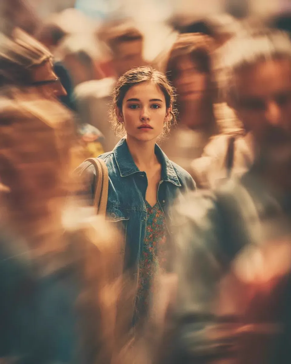 Cinematic portrait of a young person standing still in the middle of a busy… — 1/2