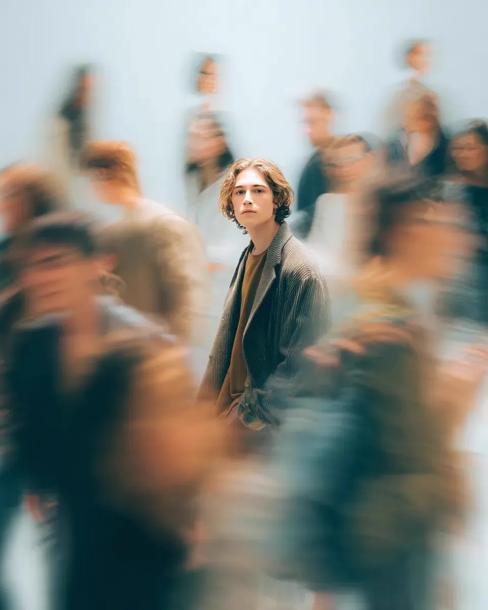 Cinematic portrait of a young person standing still in the middle of a busy… — 2/2