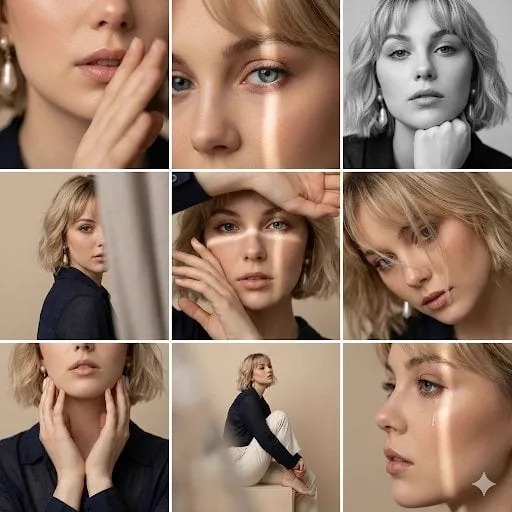 Editorial 3x3 photo grid in a clean soft beige studio