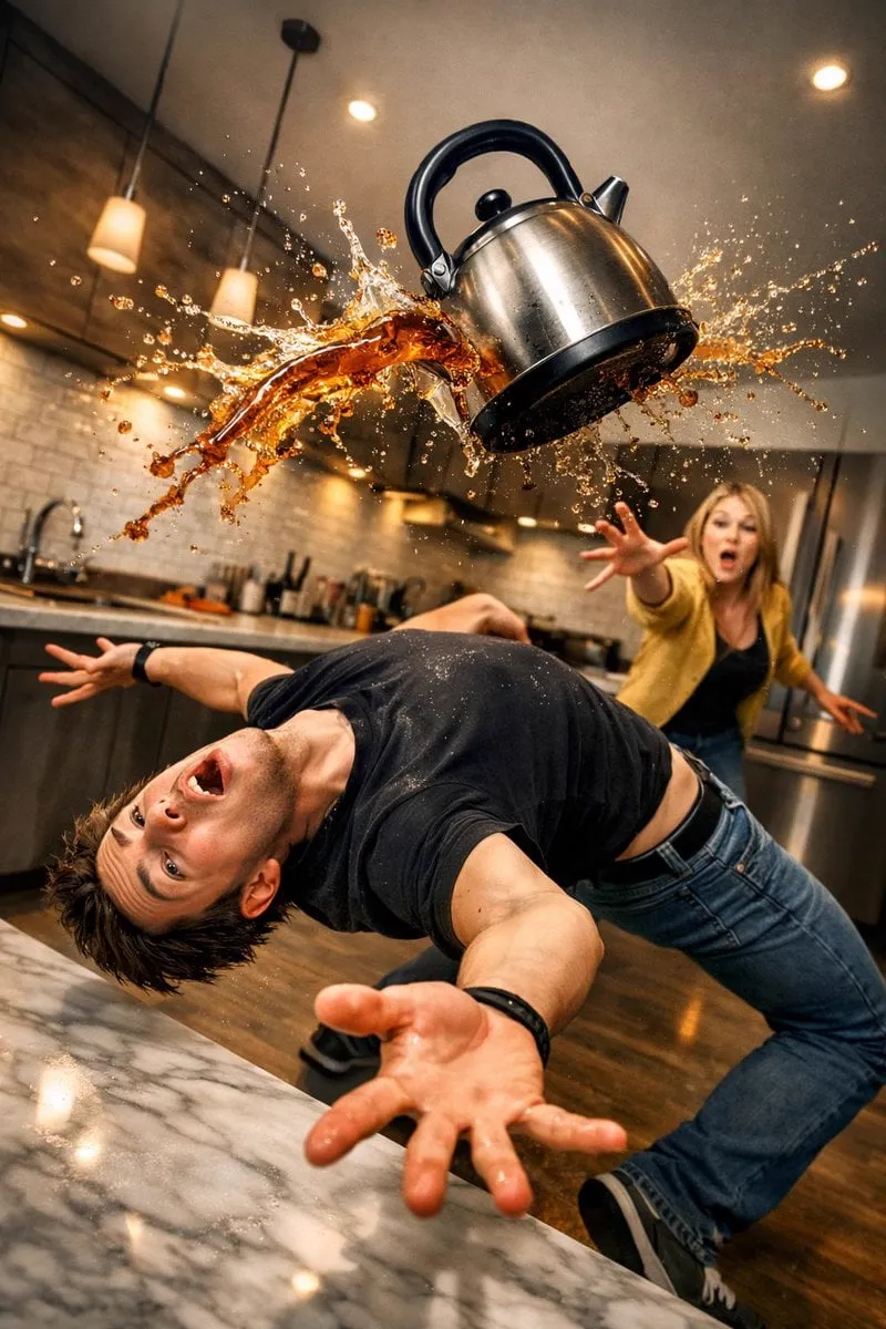 Surreal comedic scene inside a modern kitchen: a young man bends backward in an…
