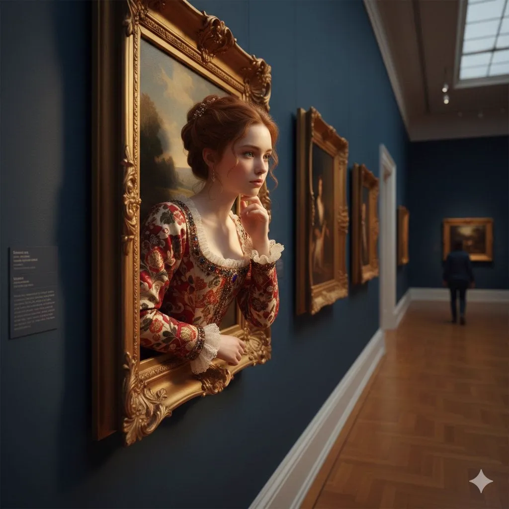 A surreal, ultra-realistic scene of a young woman emerging from an ornate…