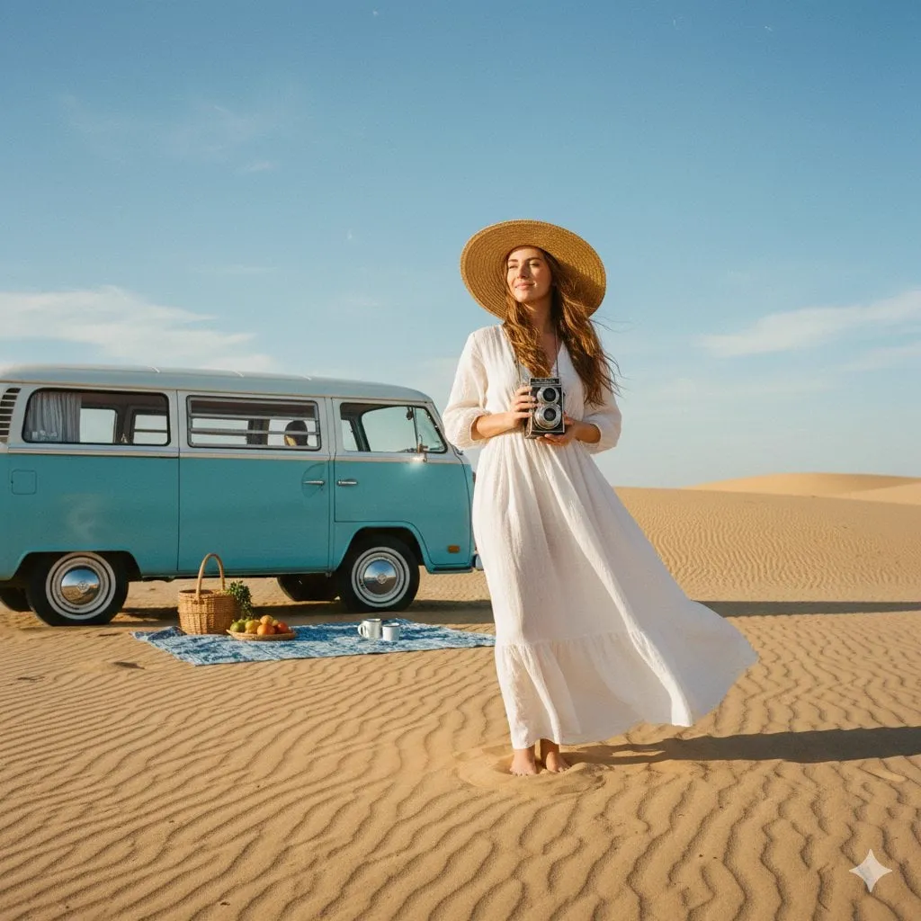 A wide shot of a woman in an airy white linen maxi dress and a wide-brimmed…