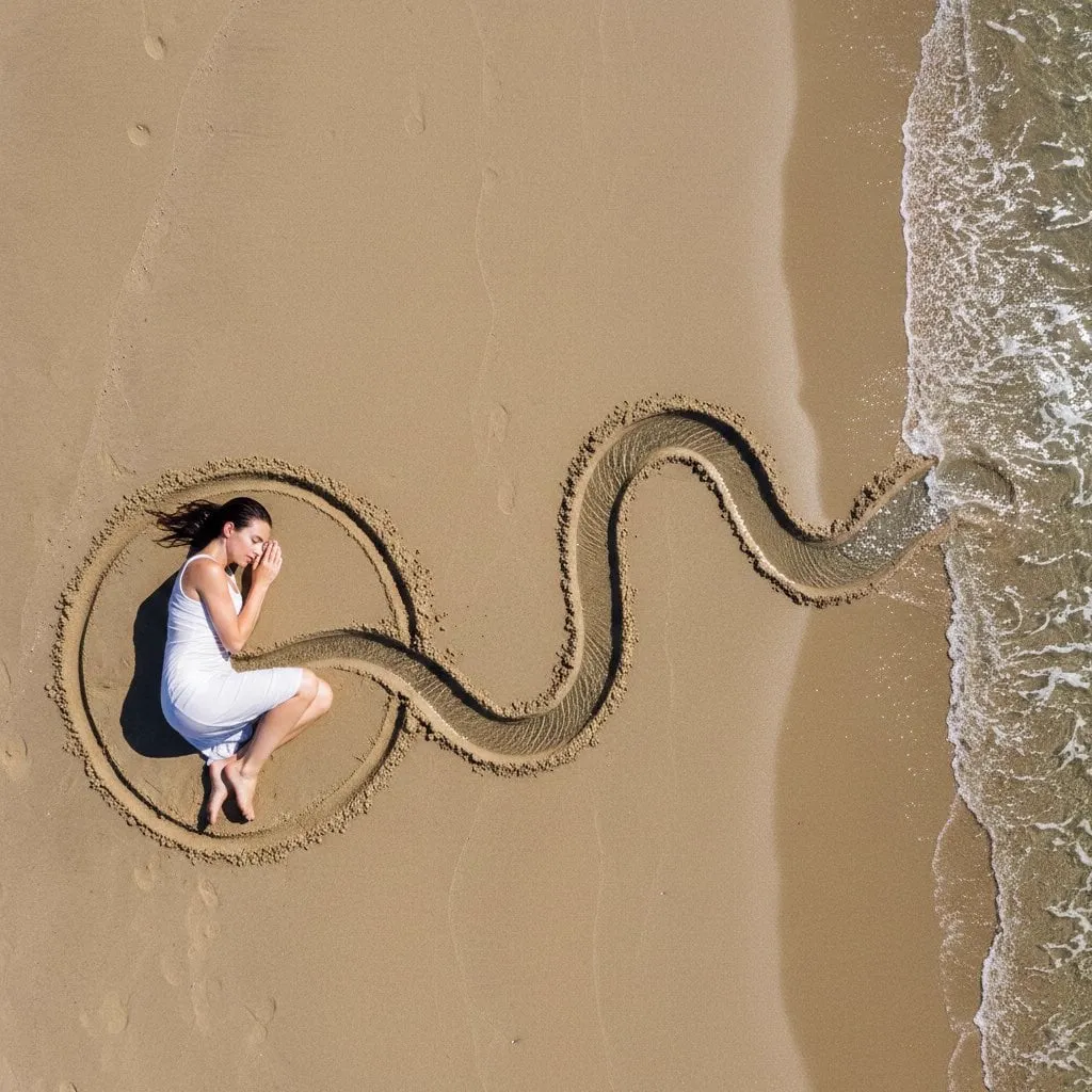 { "intent": { "summary": "Land-art photography of a woman connected to the sea…