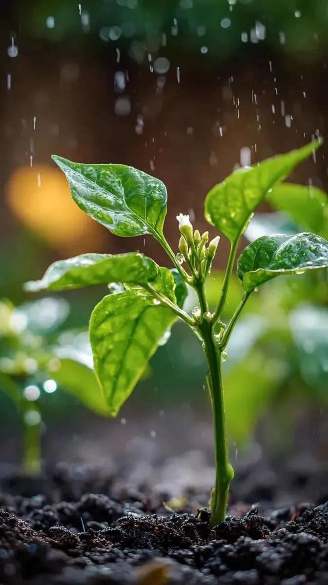 A small chili plant with glossy green leaves and one tiny white flower bud…