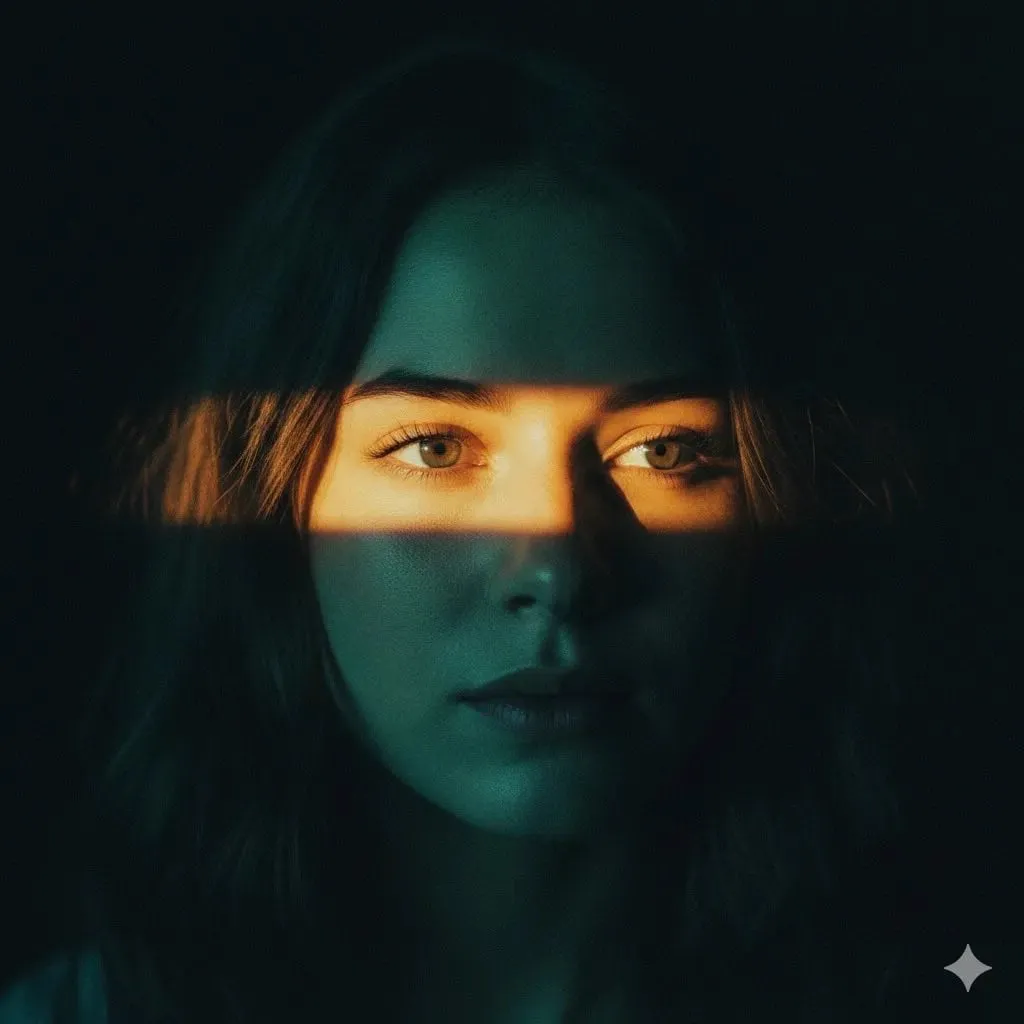 Ultra-realistic cinematic portrait of a young woman with soft brown hair,…