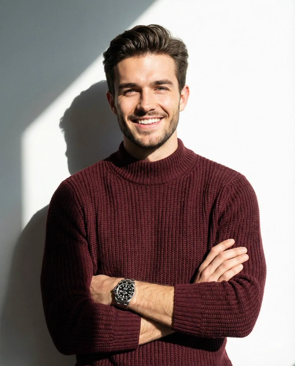 A man smiling and posing with his arms crossed, wearing a maroon knitted… — 1/2