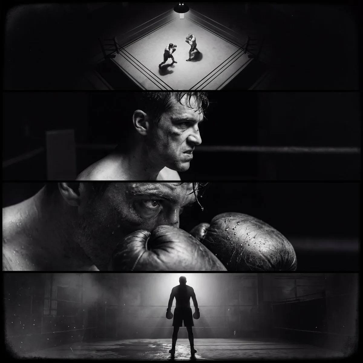 Create a single film noir–style cinematic image divided into four horizontal…