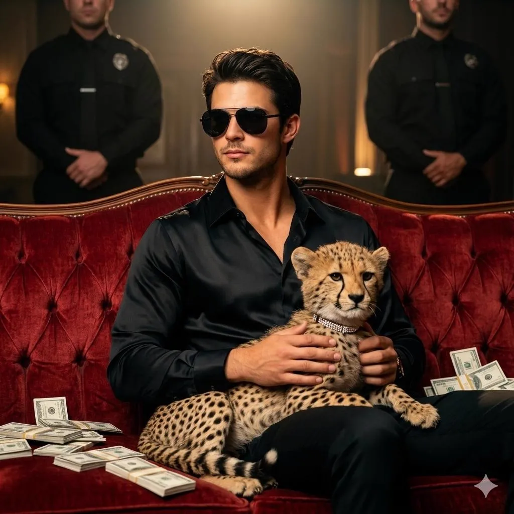 Using the reference picture, create A stylish man sitting on a luxurious…